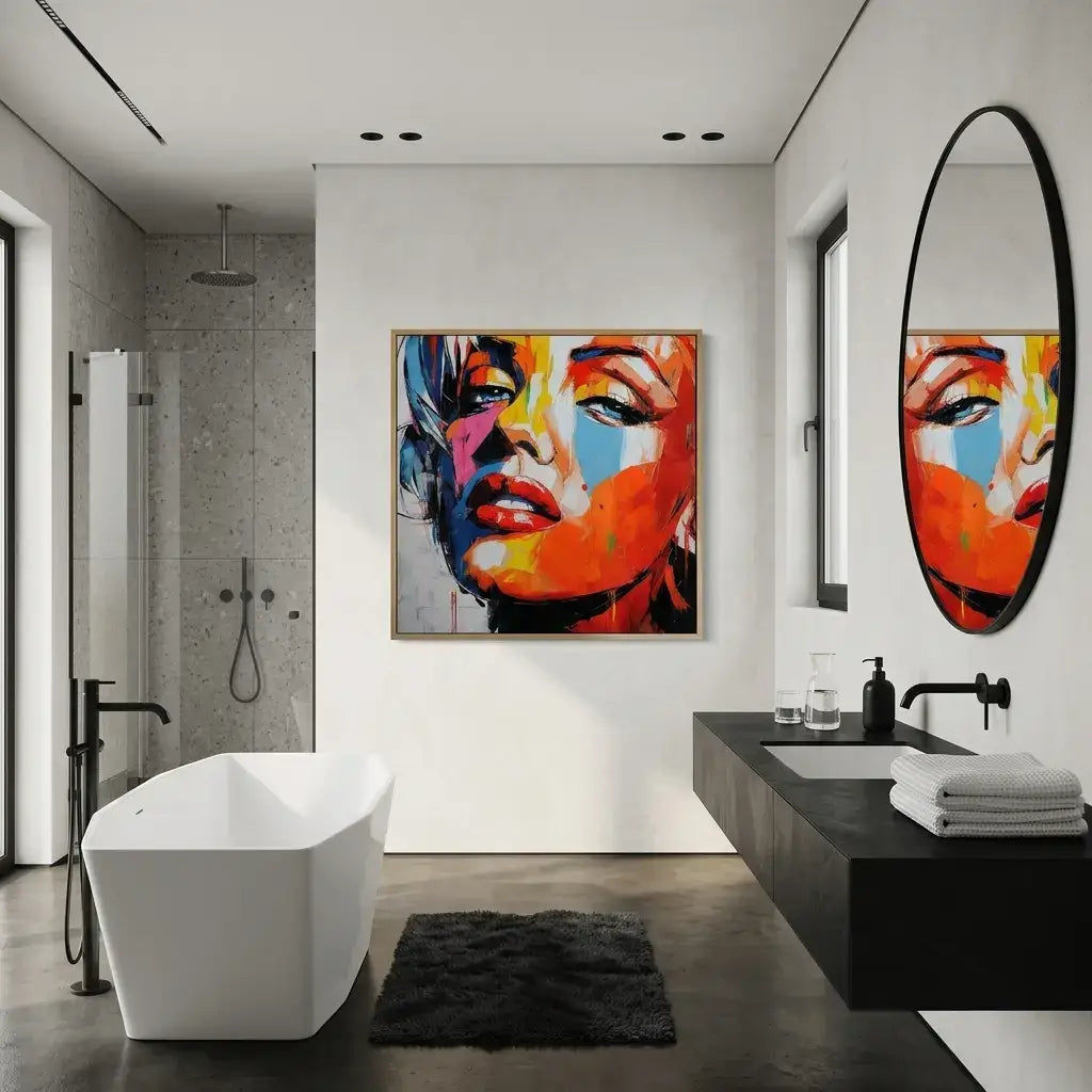 Modern bathroom with colorful wall art and a freestanding bathtub.