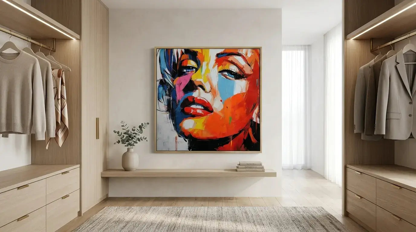 Modern walk-in closet with colorful abstract art on the wall