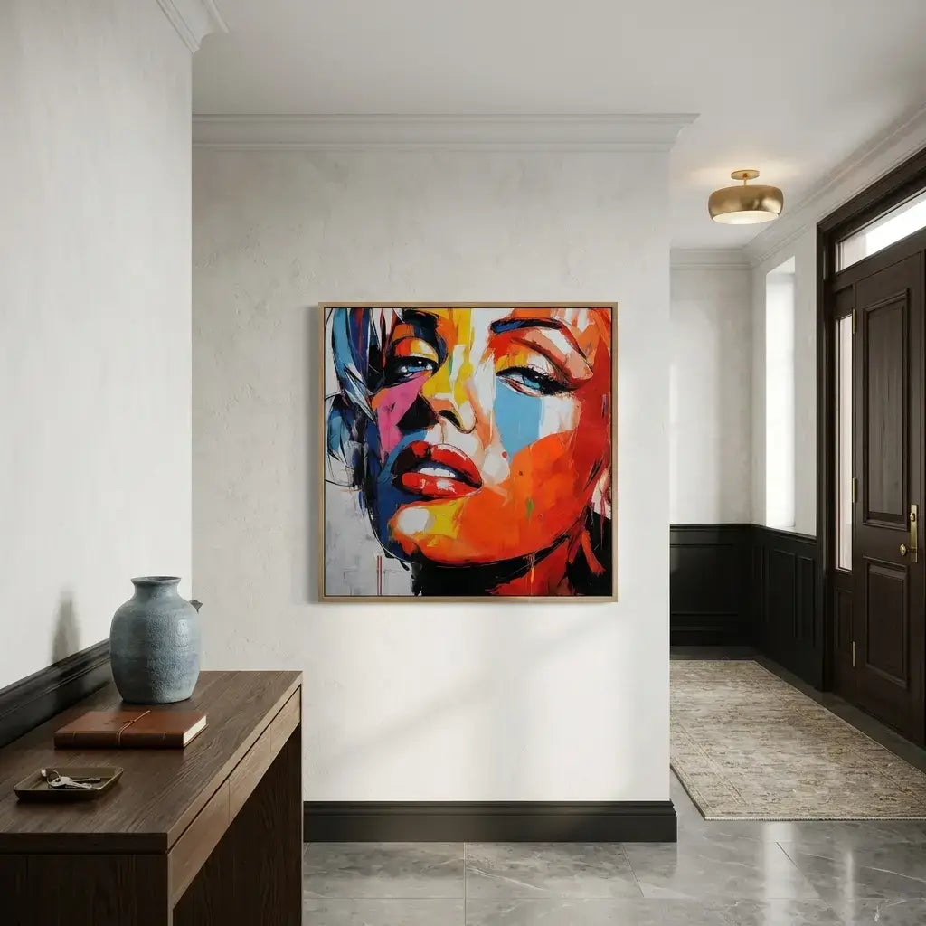 Colorful abstract painting of a face on a wall in a modern interior setting.