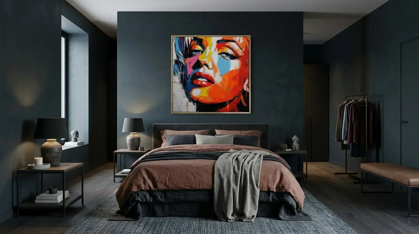 Modern bedroom with a colorful abstract painting on the wall