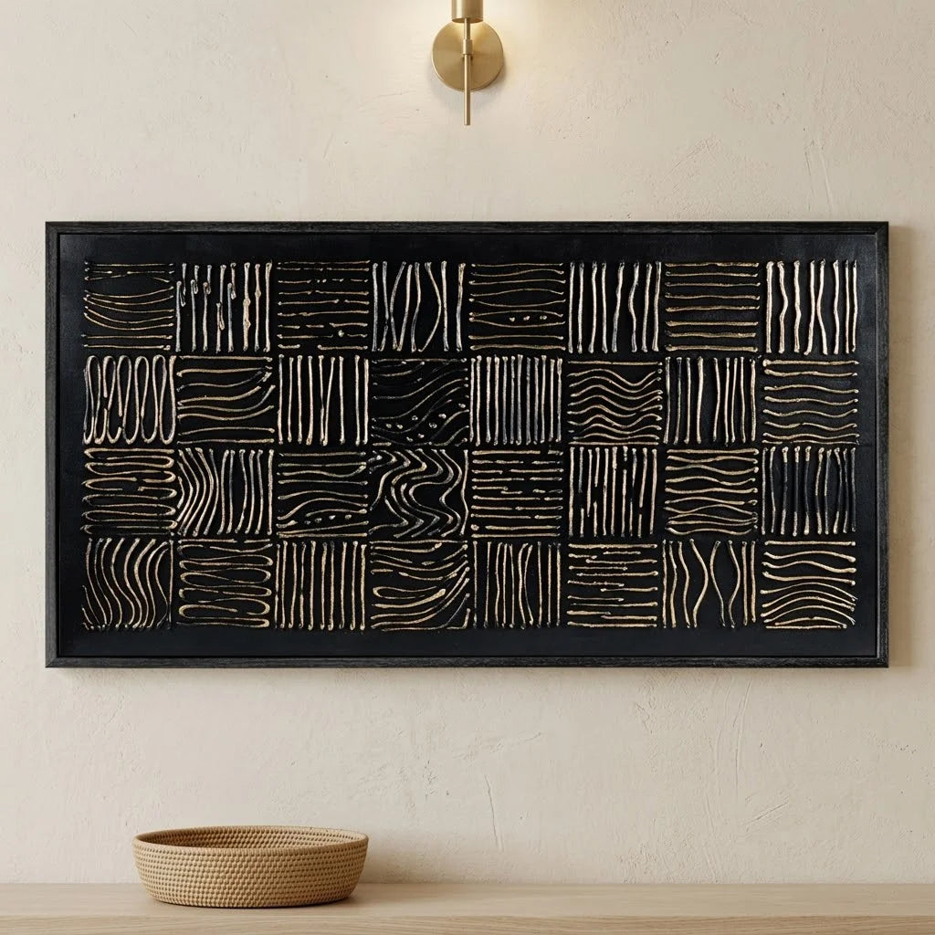 Abstract wall art in a modern dining room with a marble table and gold chairs.