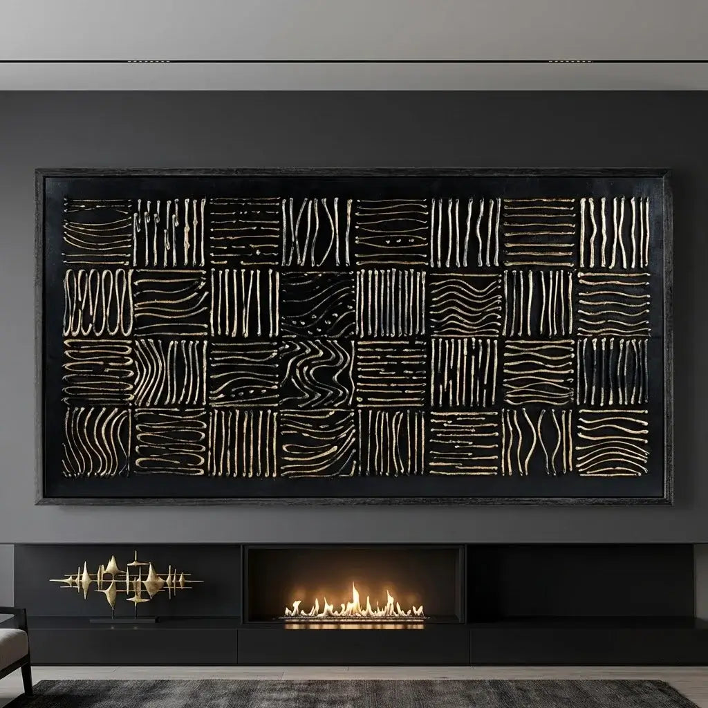 Modern fireplace with decorative wall panel and small fire inside