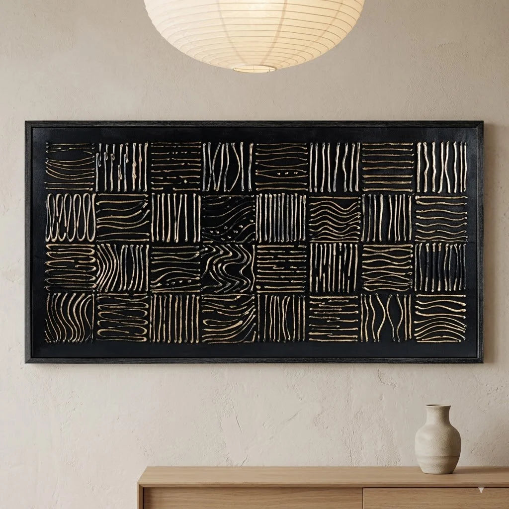 Modern fireplace with decorative wall panel and small fire inside