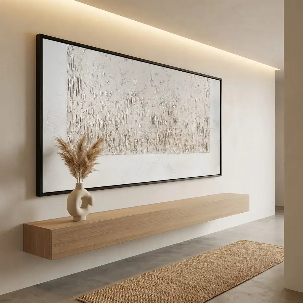 Modern interior with a long wooden shelf, abstract painting, and vase.