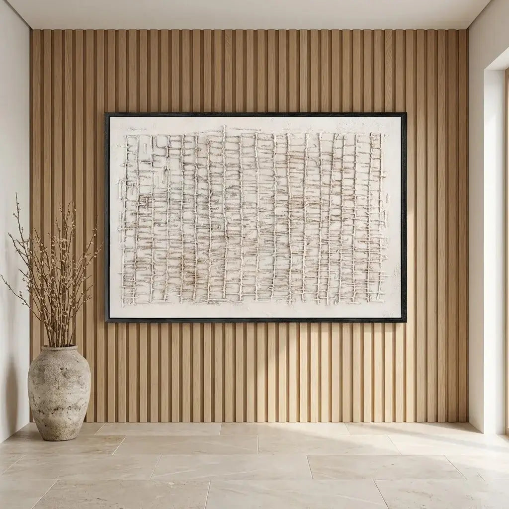 Framed abstract artwork on a wall with a wooden panel background