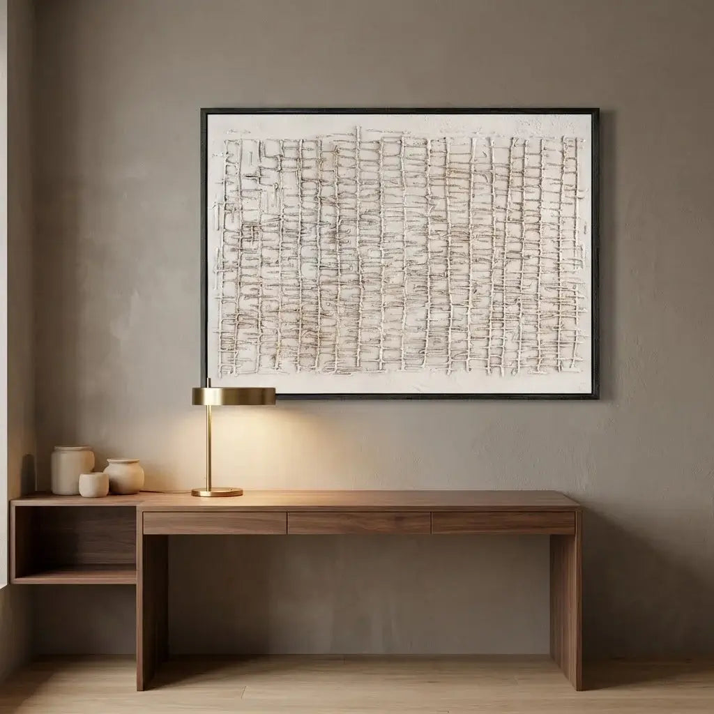 Wooden desk with a lamp and decorative items against a wall with framed artwork.