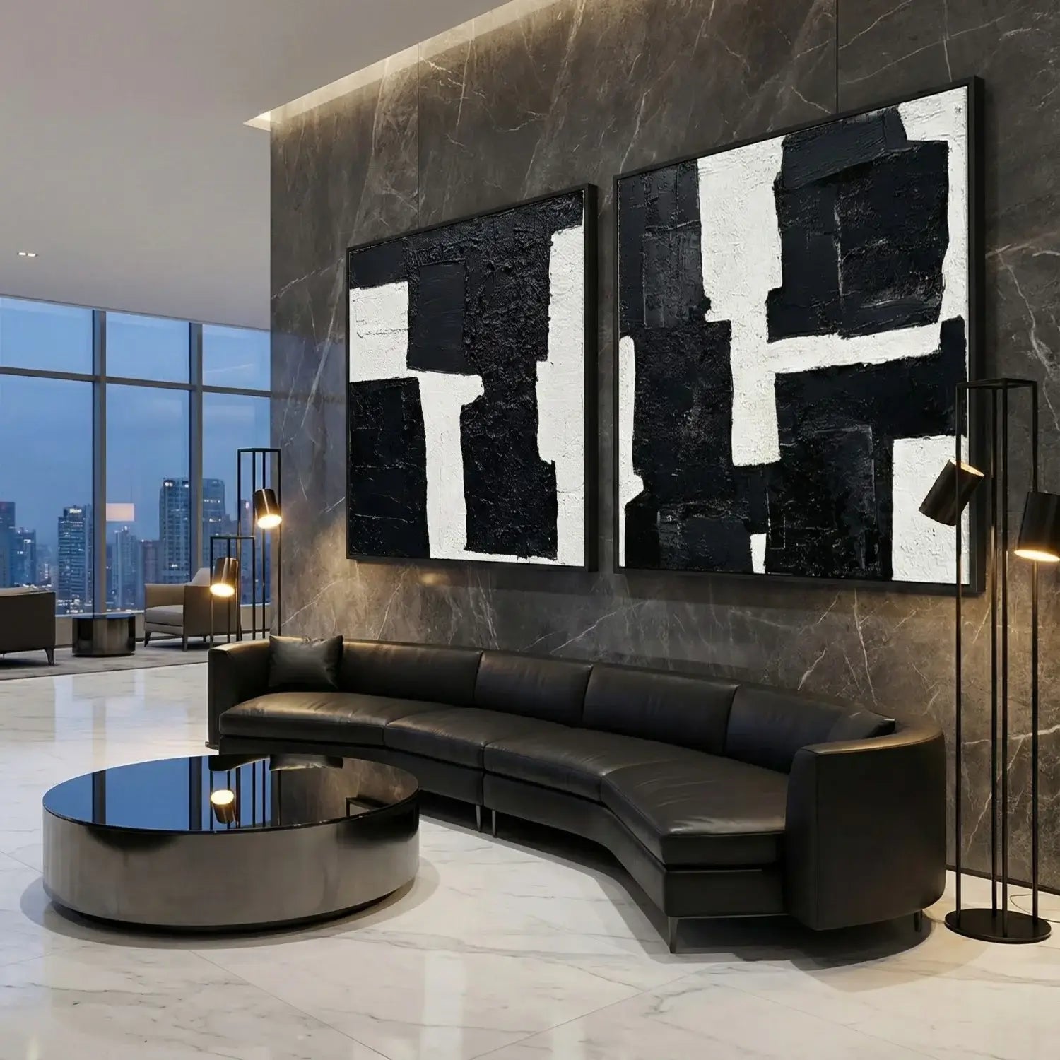 Modern living room with black leather sofa, abstract art, and cityscape view.