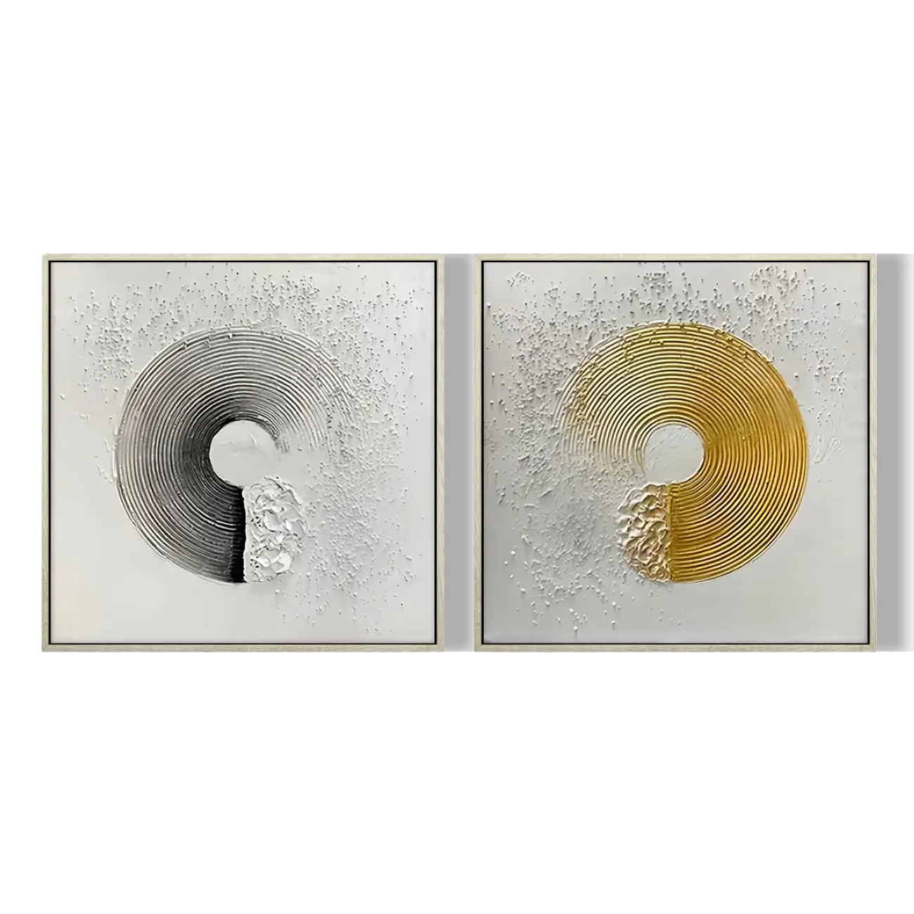 Two abstract art pieces with concentric circular designs, one in black and white and the other in gold, on a light gray background.