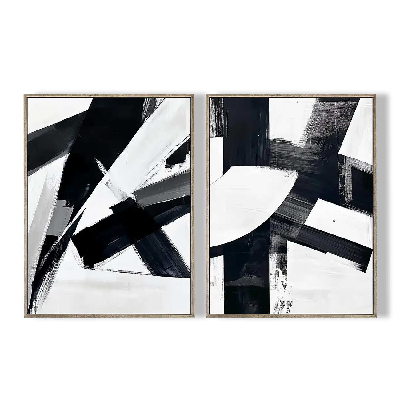 Two abstract black and white artworks in gold frames on a white background