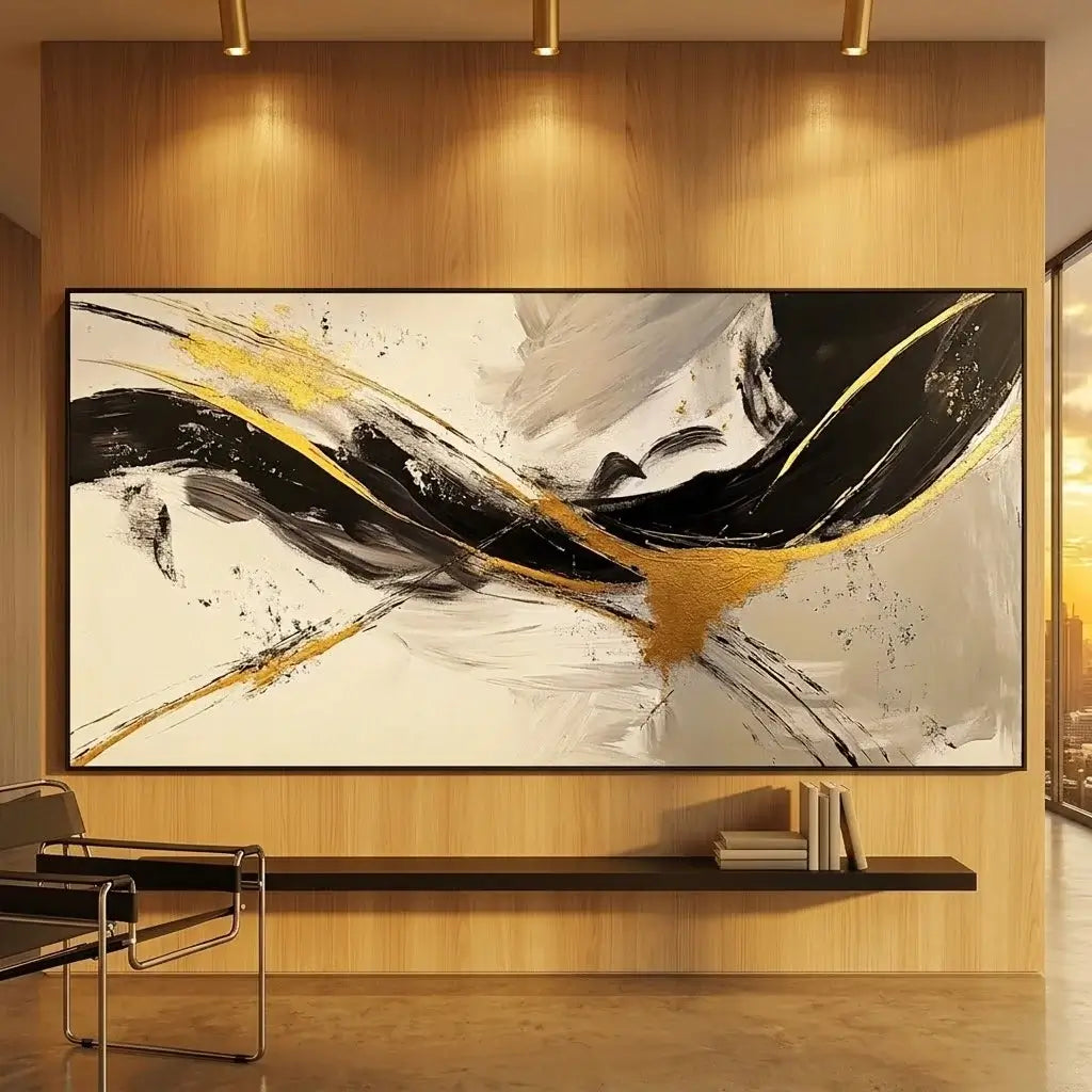Modern living room with abstract art, wooden sideboard, and black chair.