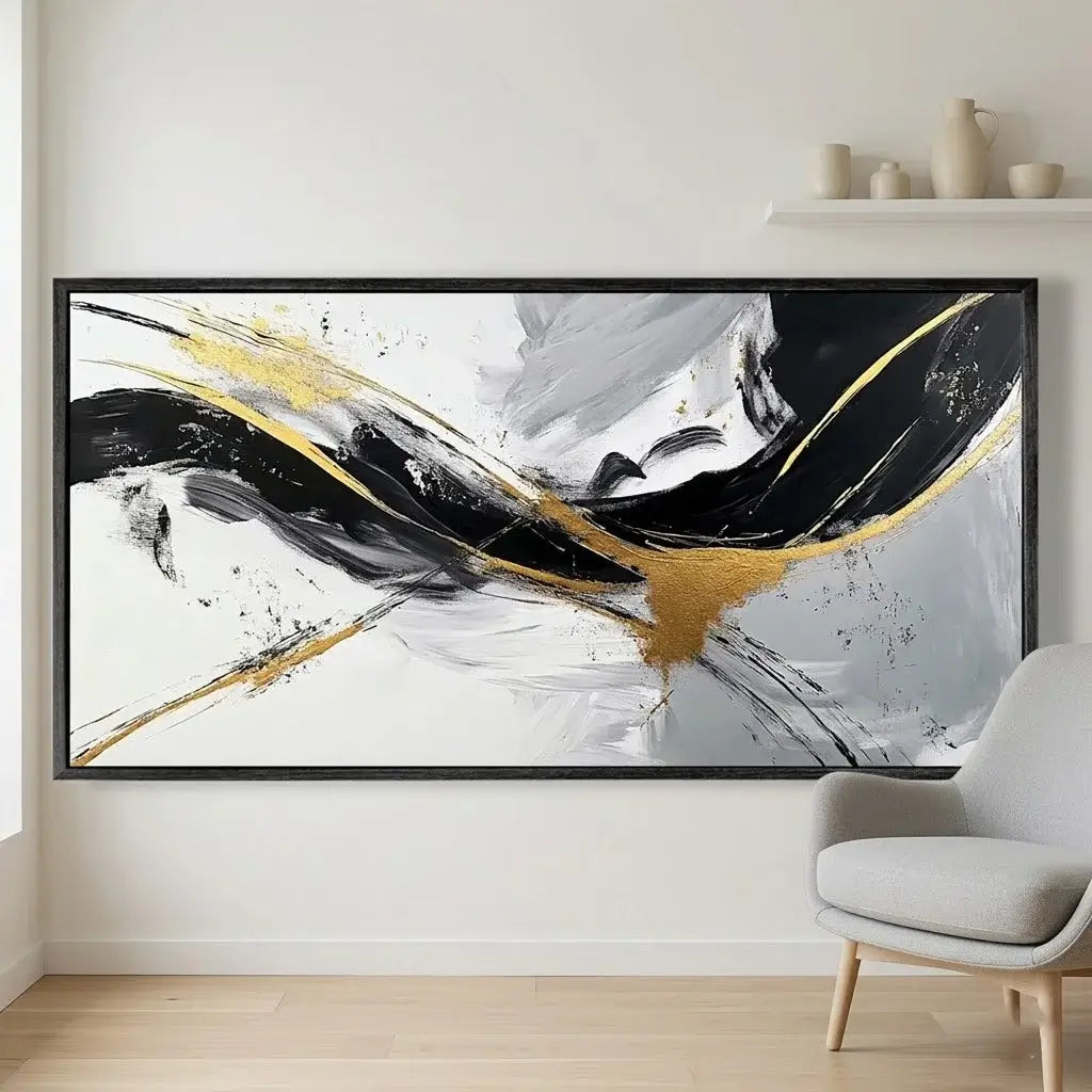 Modern living room with abstract painting, furniture, and decor.