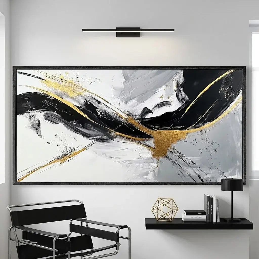 Abstract painting in a modern living room with a chair and coffee table.