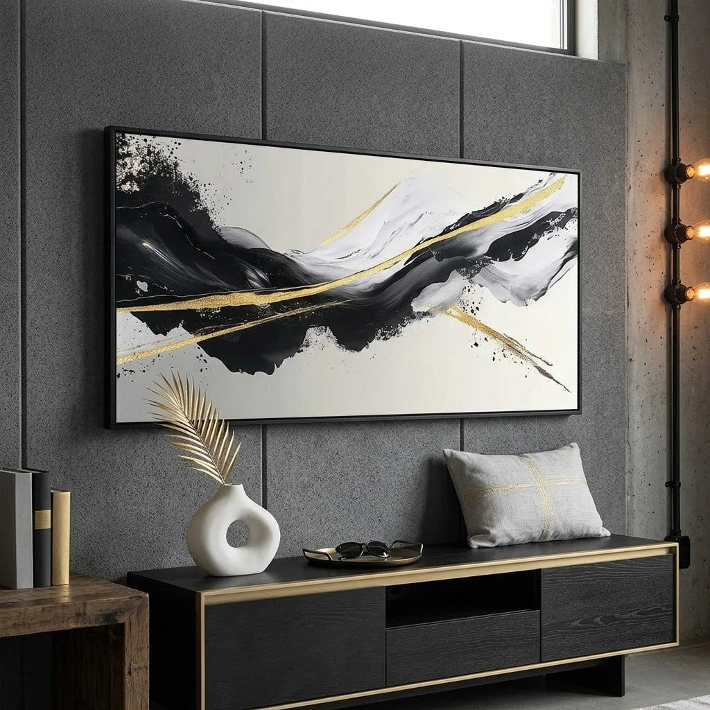 Abstract art piece in a modern living room setting
