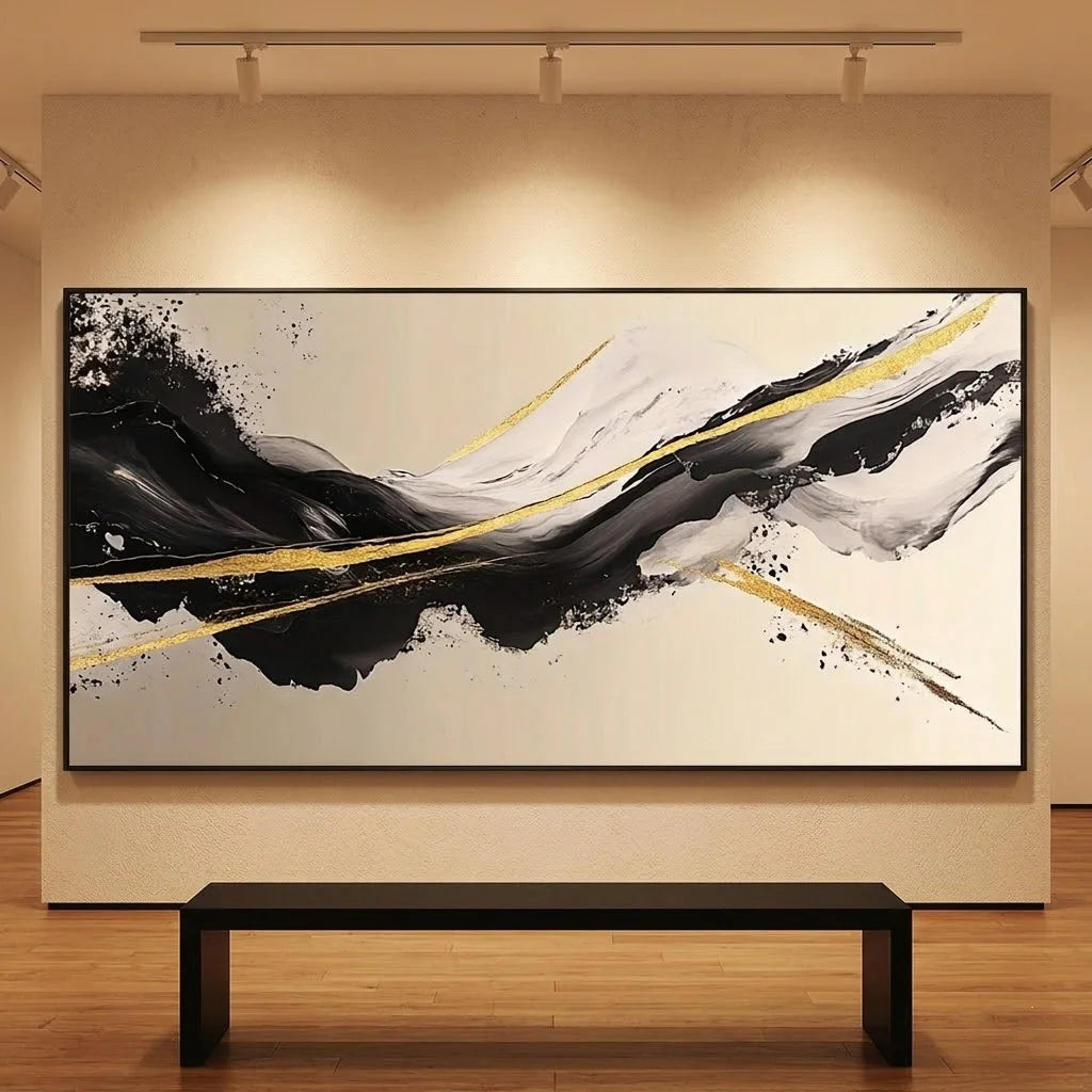 Modern living room with a gray sofa, wooden coffee table, and abstract art on the wall.