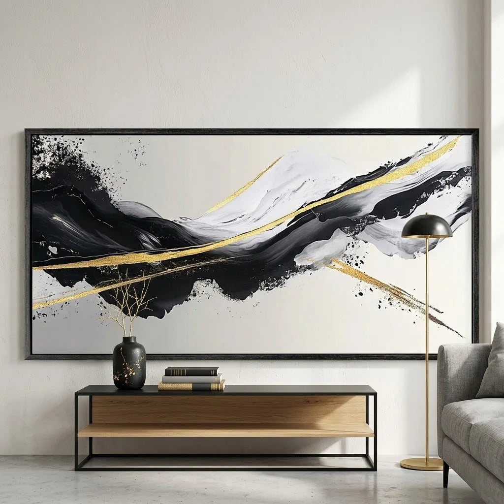 Modern bedroom with abstract art on the wall, bed, and side tables.