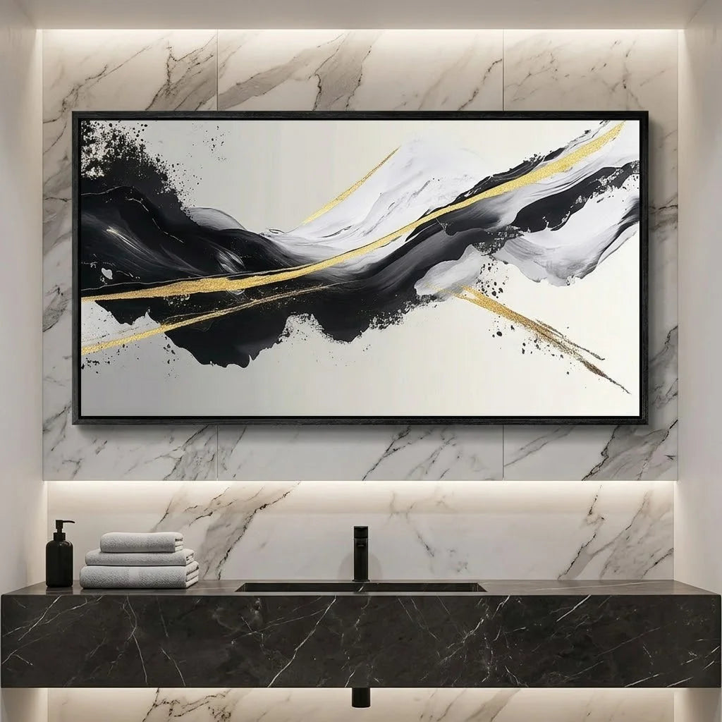 Modern office setup with a black desk, chair, and abstract painting on the wall.