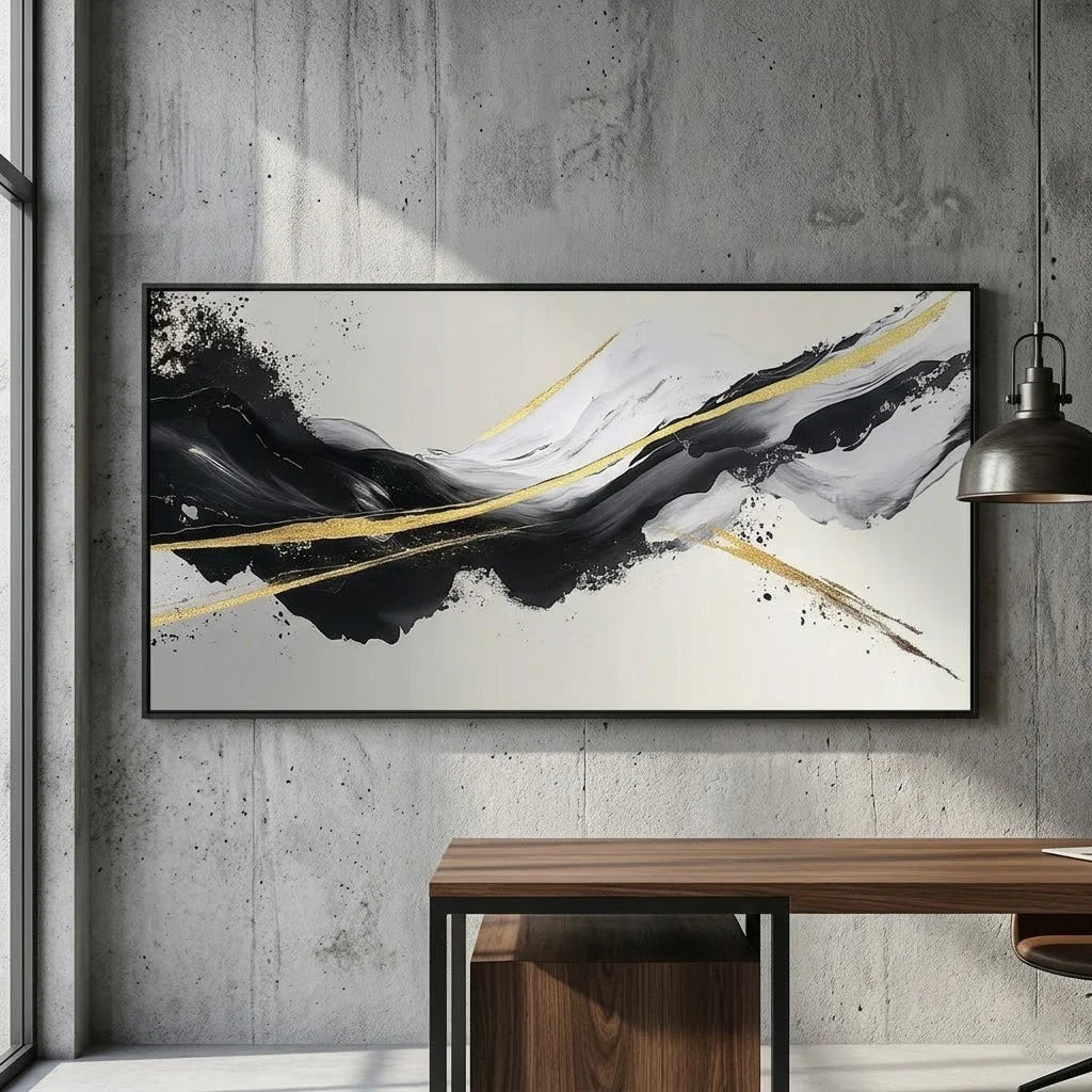 Modern interior with abstract art, black chair, and side table.
