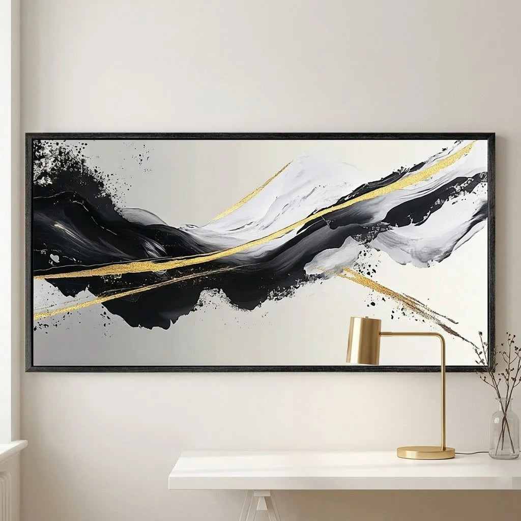 Abstract art piece on a wall in a modern interior setting with stairs and decor.