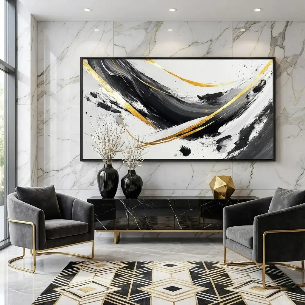 Modern living room with abstract art, gray chairs, and a marble wall.