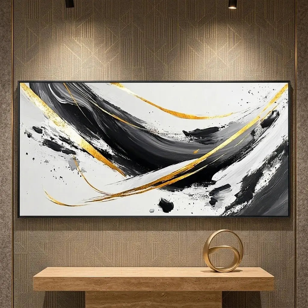 Dining room with a modern abstract painting on the wall above a dining table and chairs.