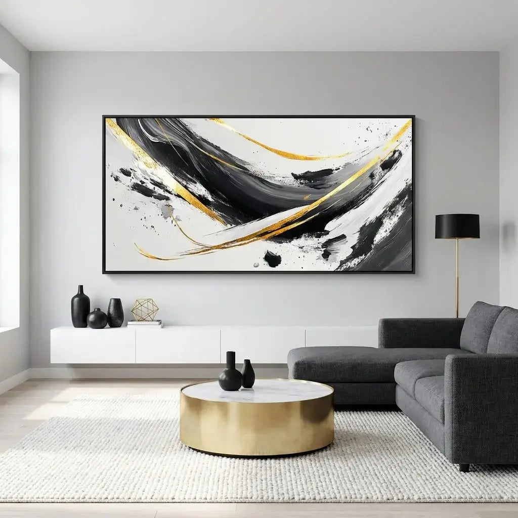 Modern living room with abstract art on the wall