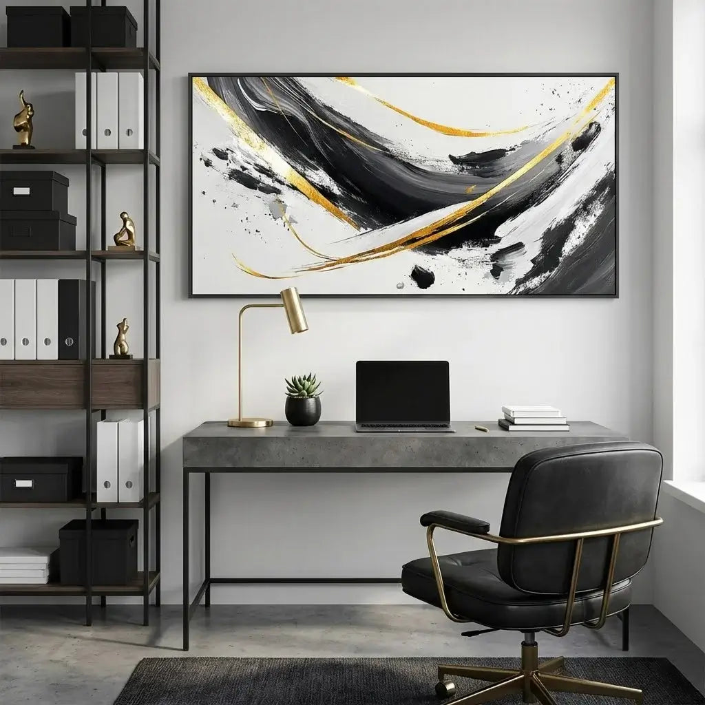 Modern office setup with a desk, chair, and abstract art on the wall.