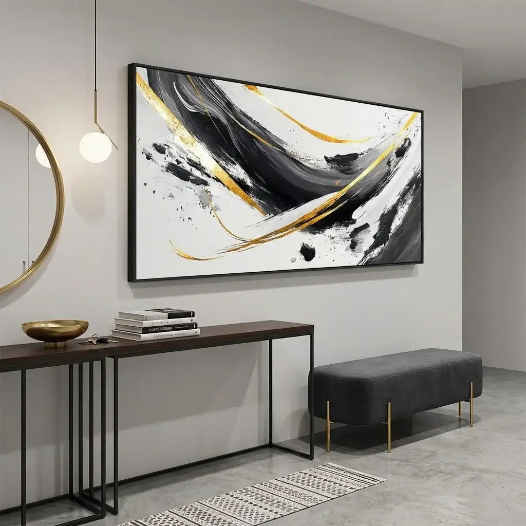 Modern interior with abstract painting, console table, and bench.