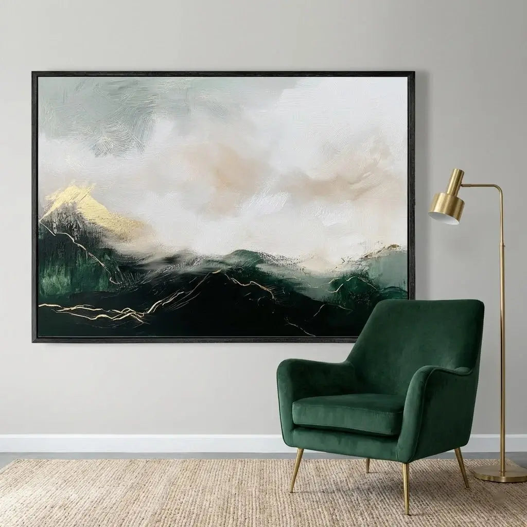 Green armchair in front of a large abstract painting on a wall with a gold floor lamp.