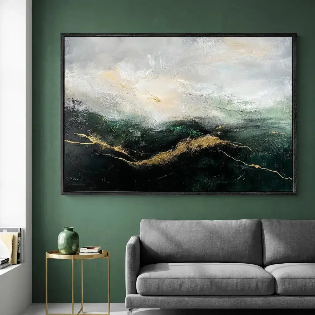 Abstract painting on a green wall above a gray sofa