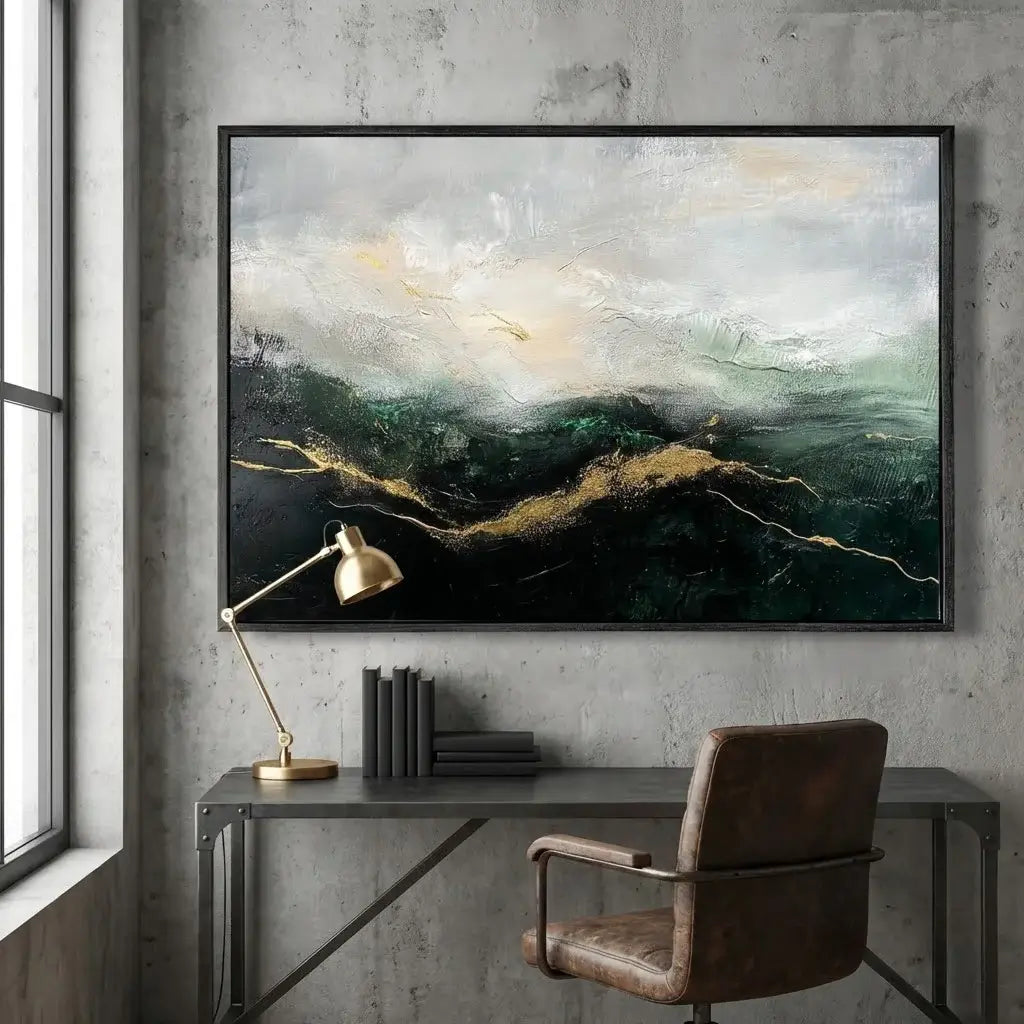 Modern office space with a large abstract painting on the wall, desk, chair, and lamp.