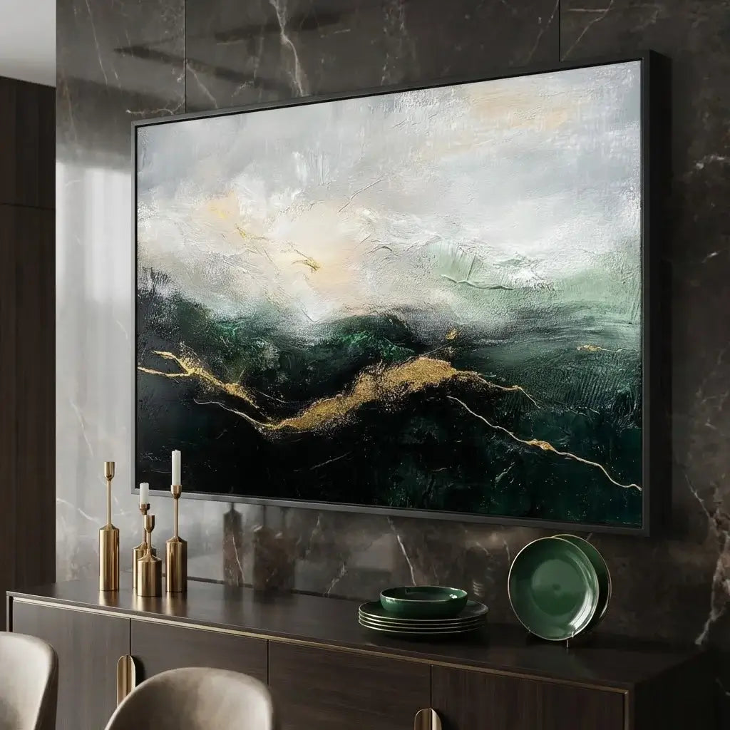 Abstract painting on a wall in a modern interior setting with decorative items.