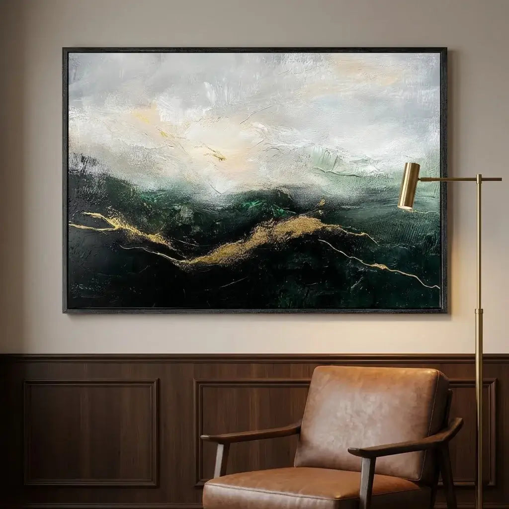 Abstract painting on a wall above a brown armchair in a room with wooden paneling.