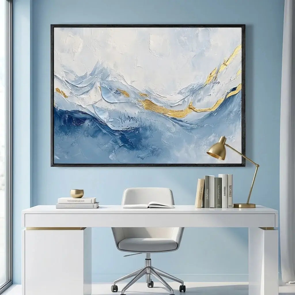 Modern office setup with abstract art on the wall