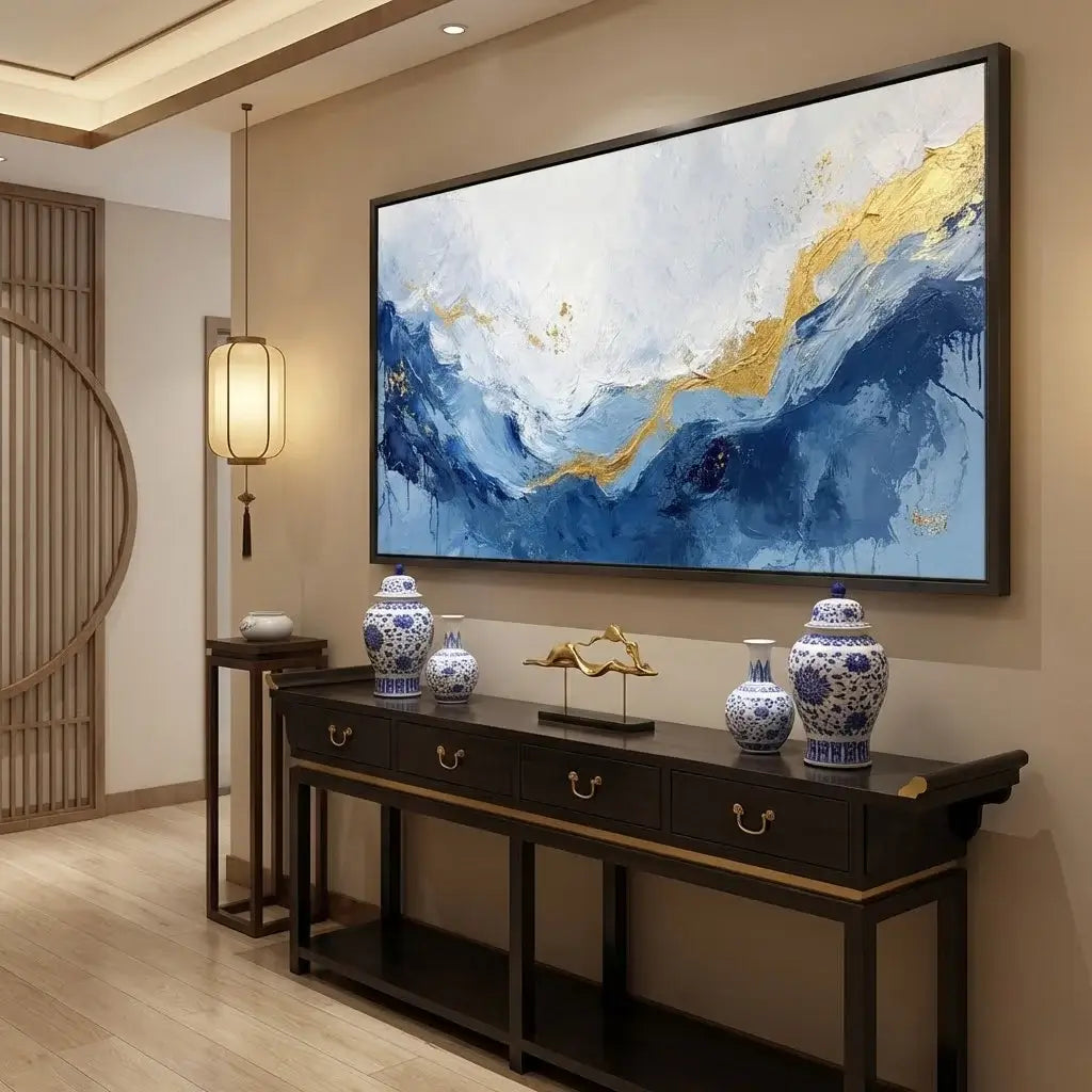 Decorative console table with vases and a large abstract painting in a room.