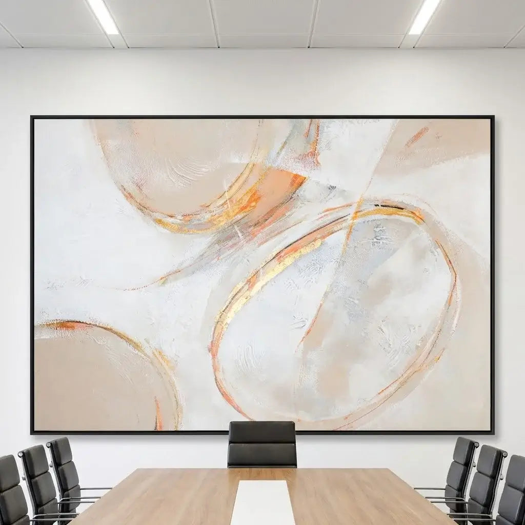 Abstract art painting in a conference room with chairs and a table.
