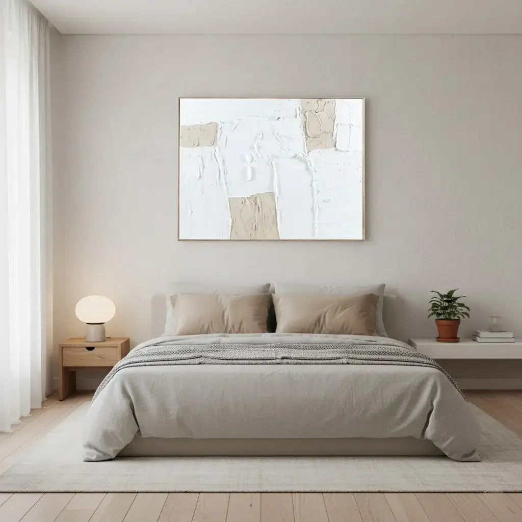 Neatly made bed in a bedroom with abstract art on the wall.