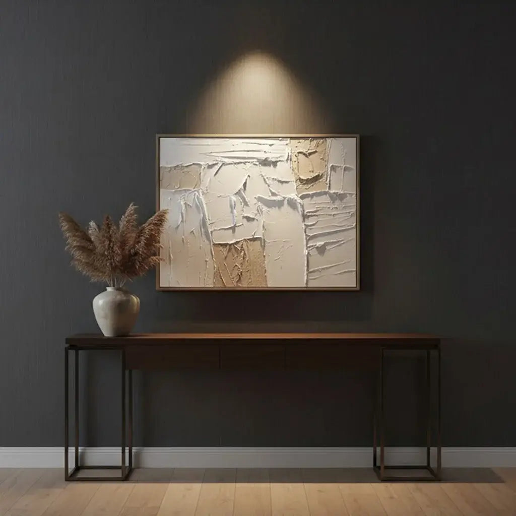 Abstract painting on a dark wall above a wooden console table.