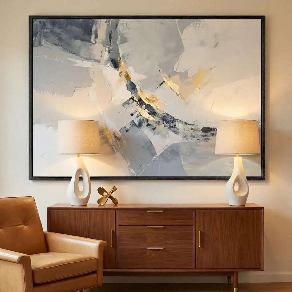 Modern living room with wooden sideboard, abstract painting, and brown armchair.