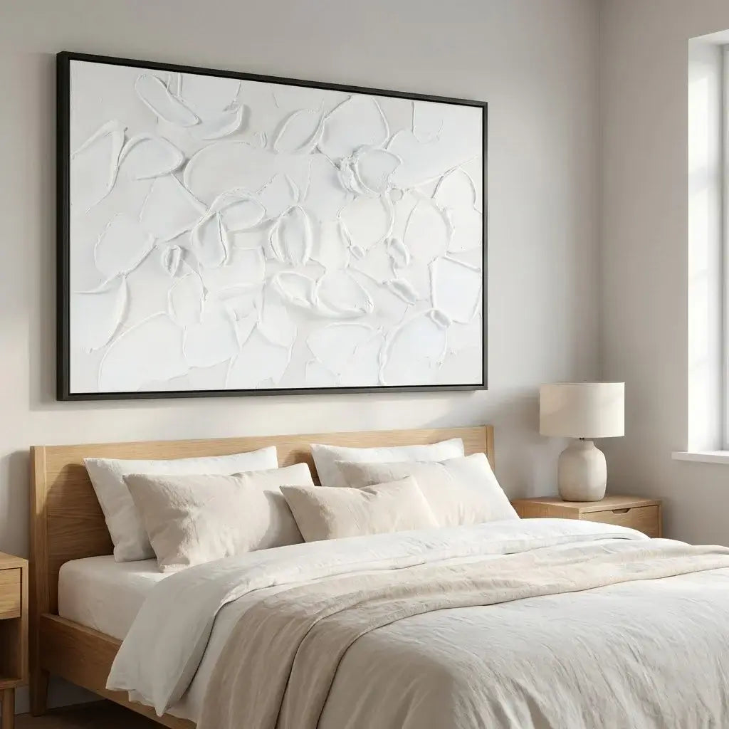 Bedroom with wooden headboard, white bedding, and abstract artwork on wall.
