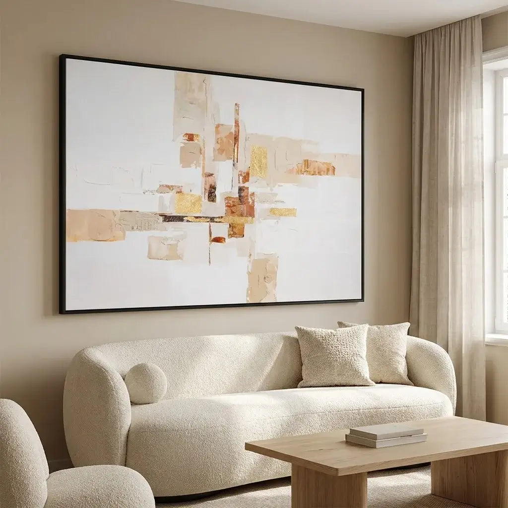 Living room with a beige sofa, abstract painting, and wooden coffee table.