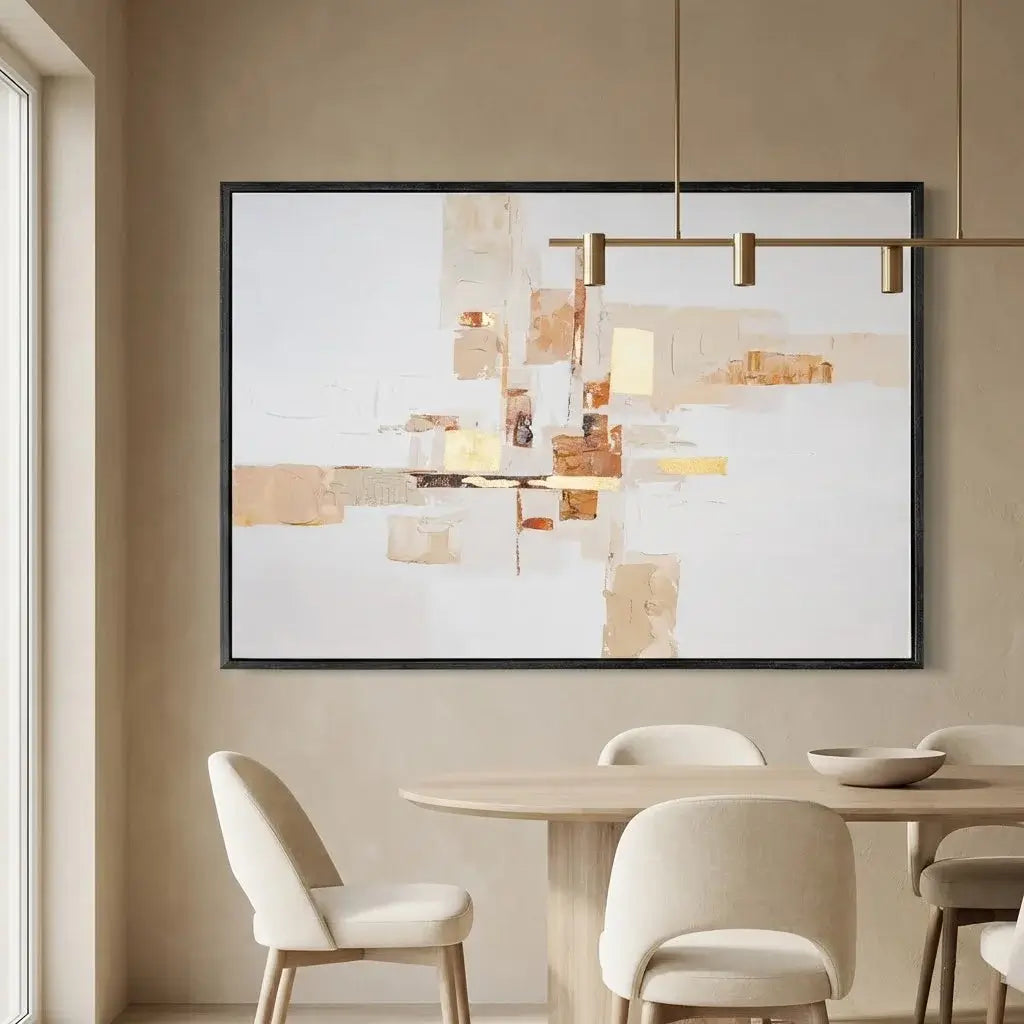 Dining room with abstract art on the wall and modern furniture.