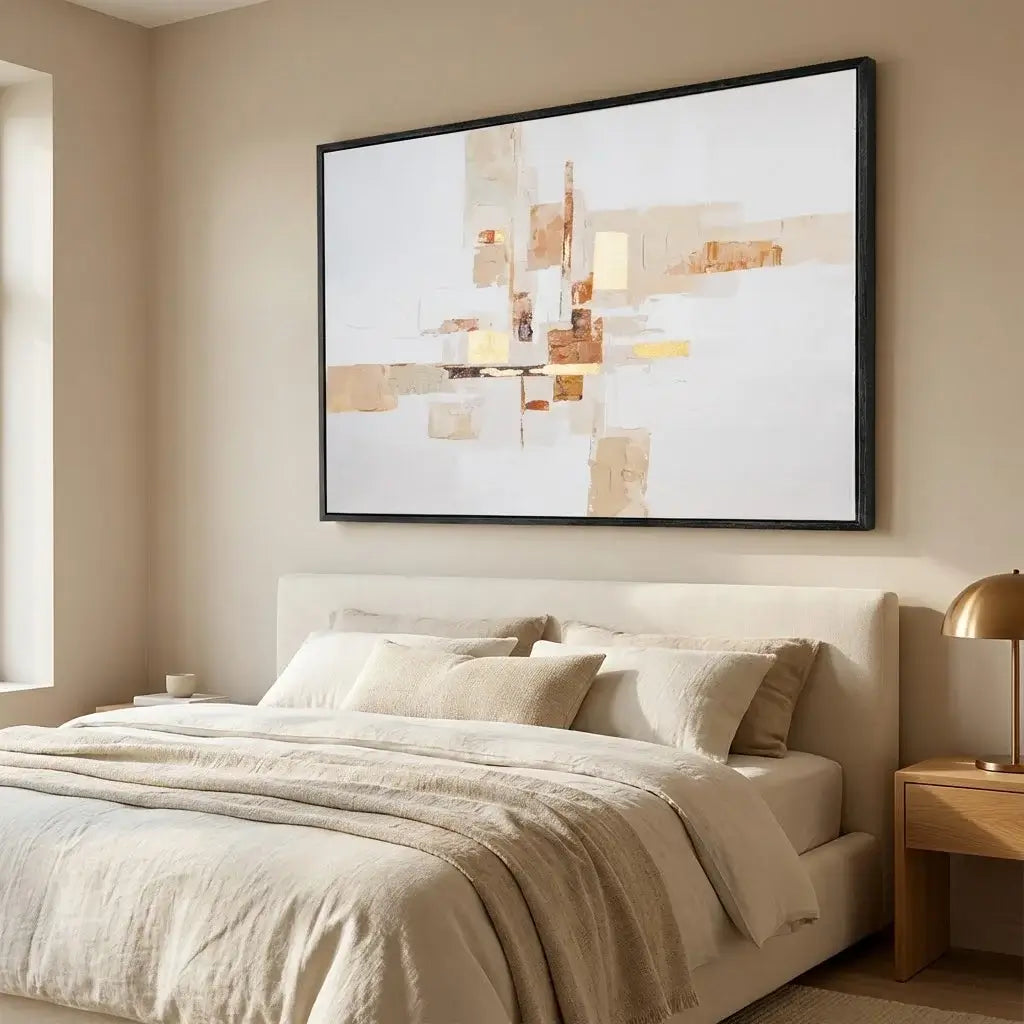 Beige bedroom with abstract art on the wall