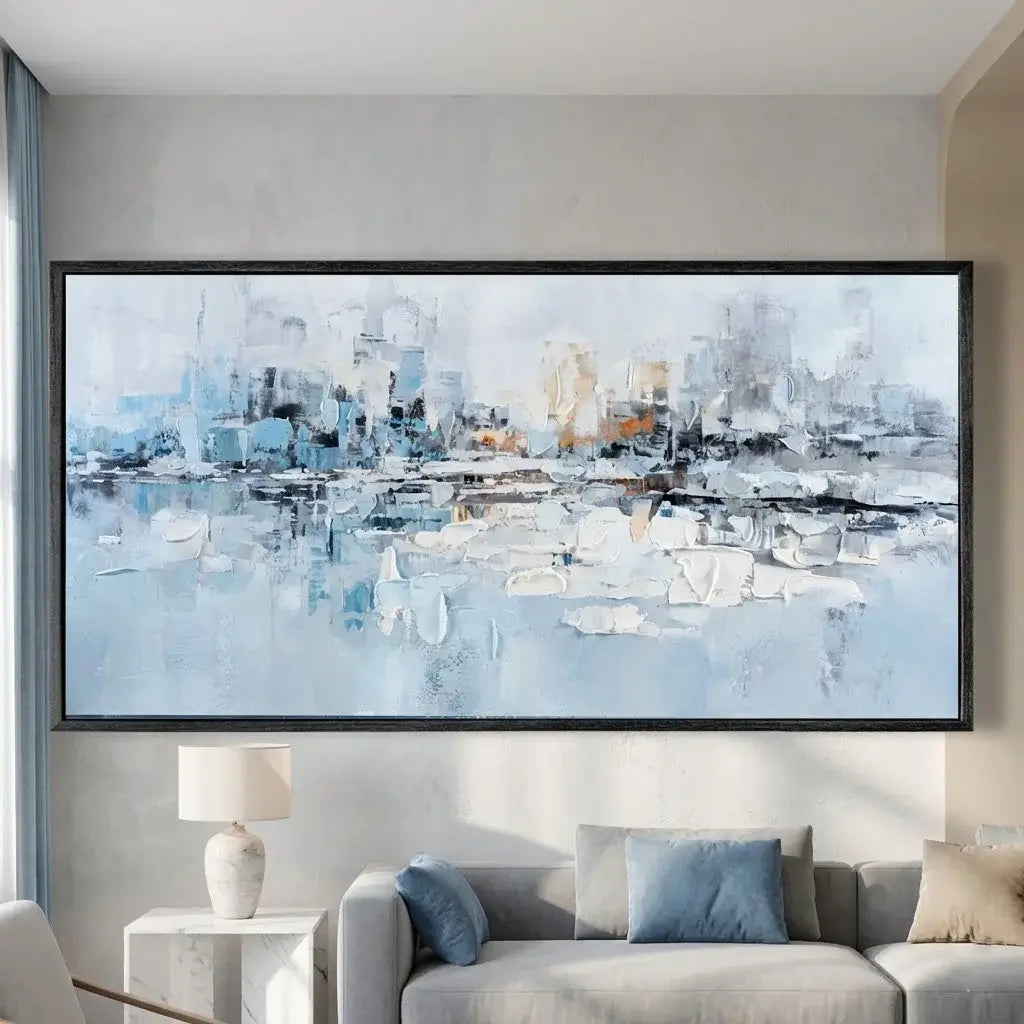 Large abstract cityscape painting in a modern living room.