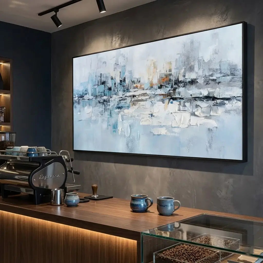 Modern coffee shop interior with abstract wall art and coffee equipment.