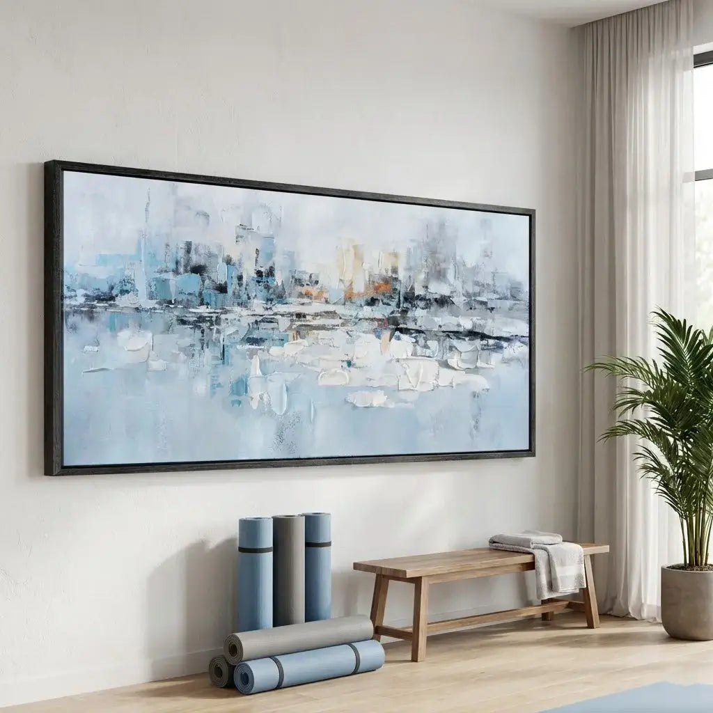 Living room with a large abstract painting on the wall, a wooden bench, rolled-up yoga mats, and a plant.