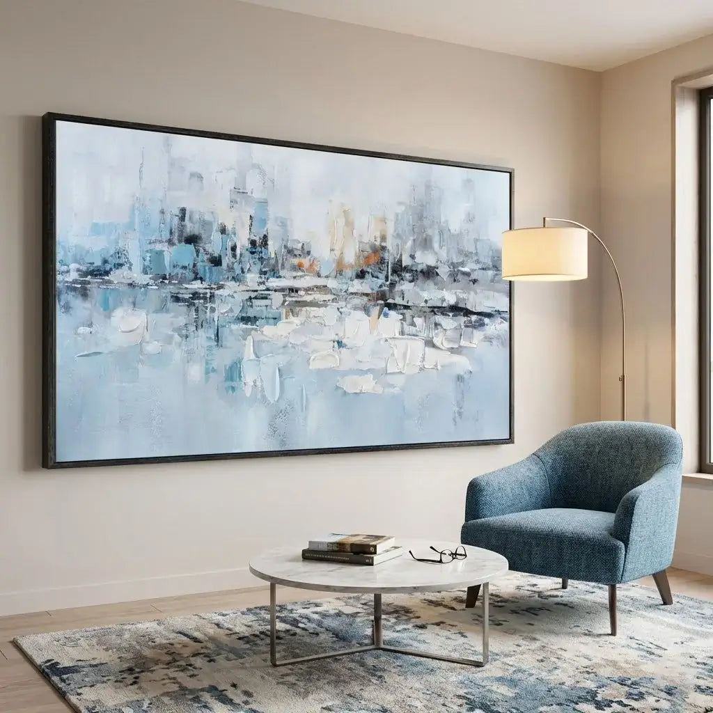 Living room with abstract cityscape painting, blue armchair, and round coffee table.