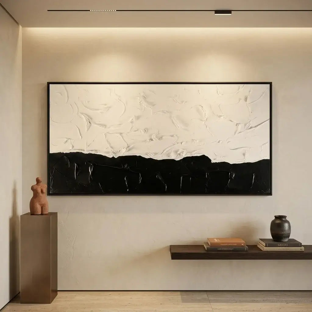 Modern bedroom with a bed, nightstands, and a large abstract painting on the wall.