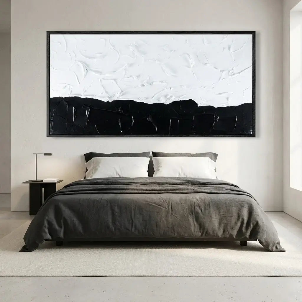 Modern bedroom with a bed and abstract wall art