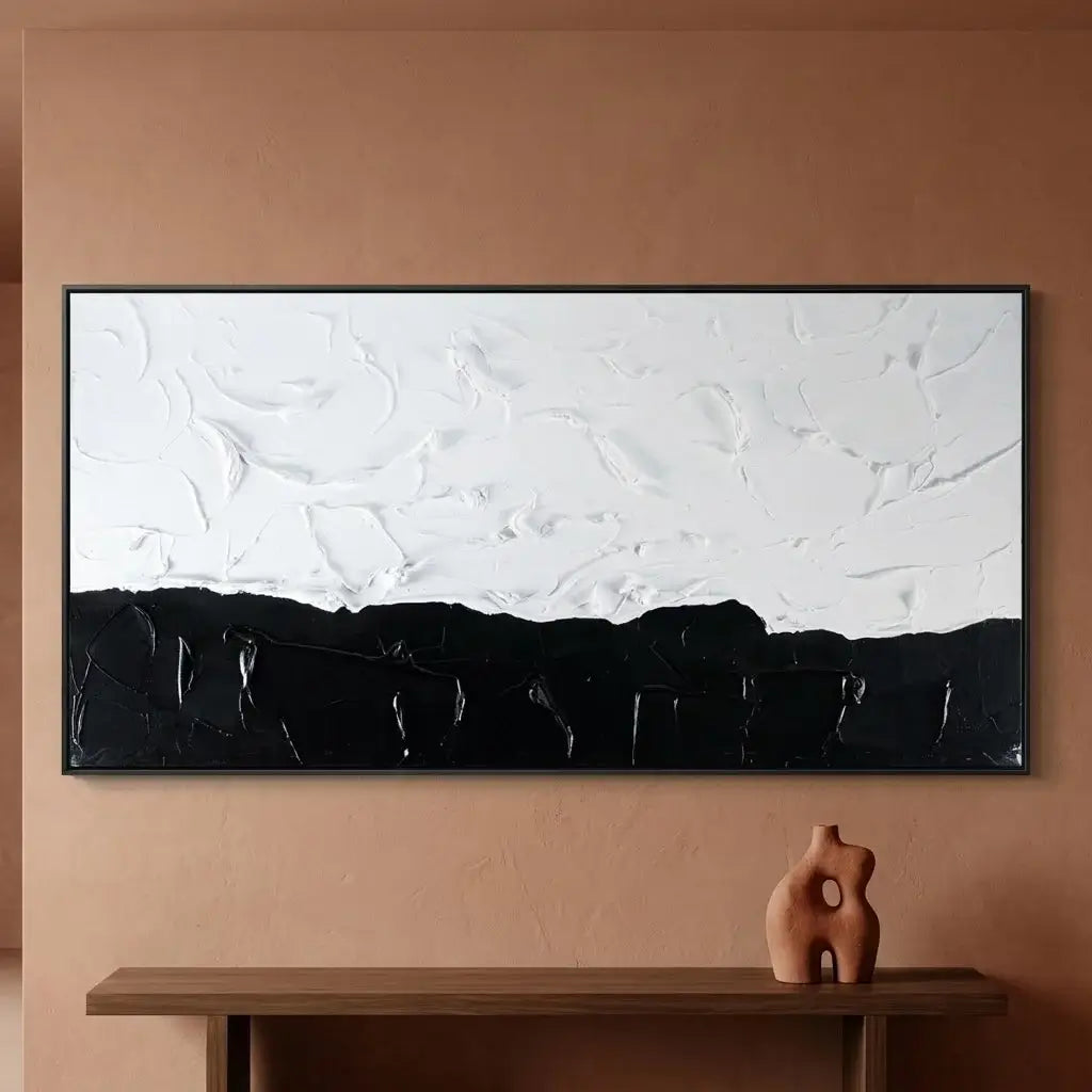 Modern bedroom with a bed and abstract wall art