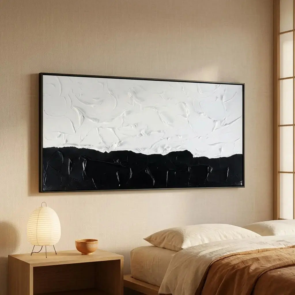 Modern conference room with a large abstract painting on the wall.